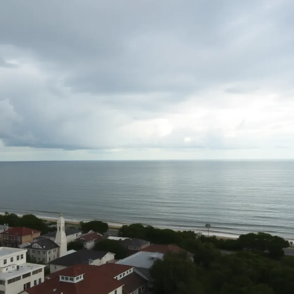 Coastal view of Savannah, GA during mild weather with signs of Tropical Storm Gabrielle in the Atlantic.