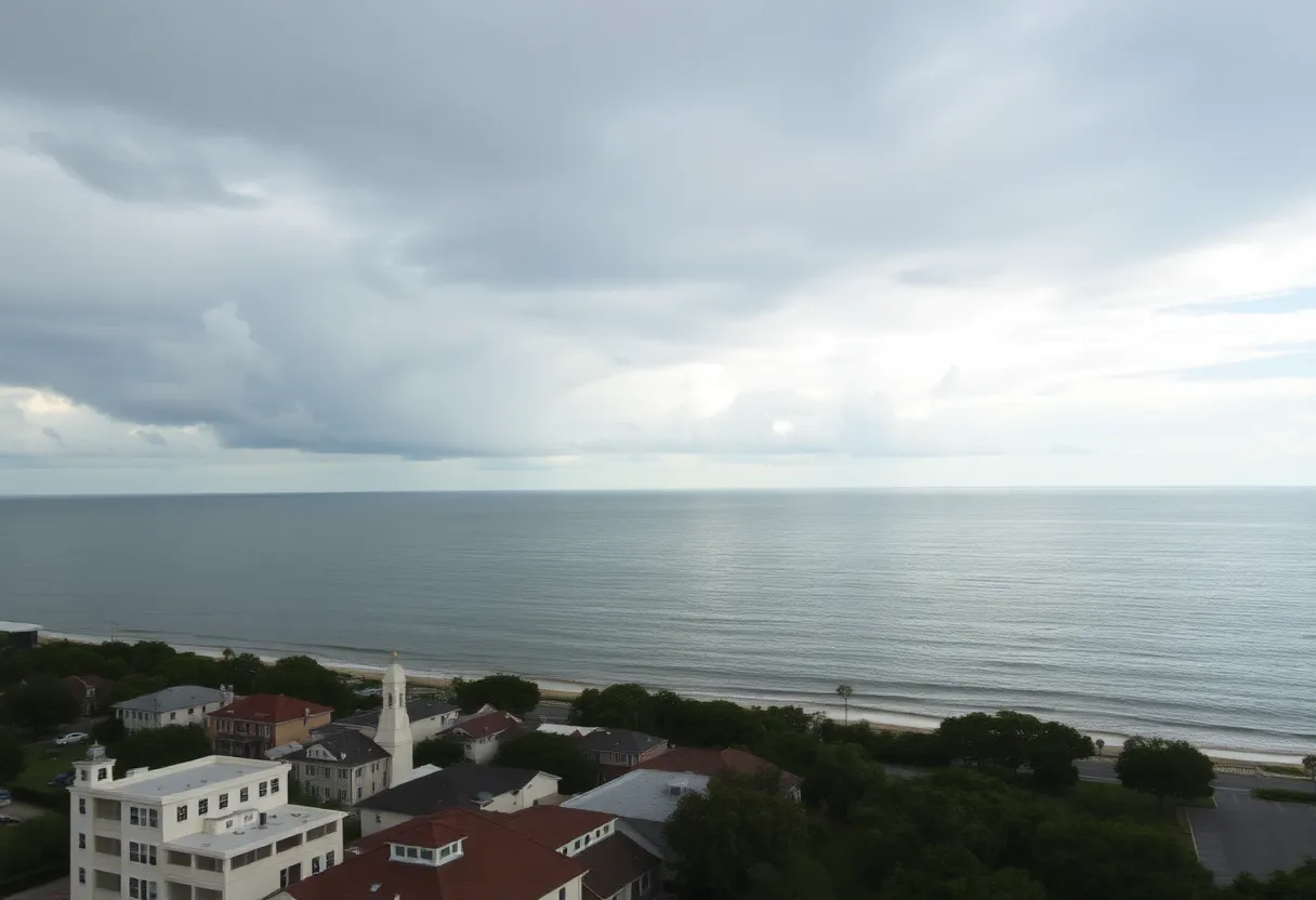Coastal view of Savannah, GA during mild weather with signs of Tropical Storm Gabrielle in the Atlantic.