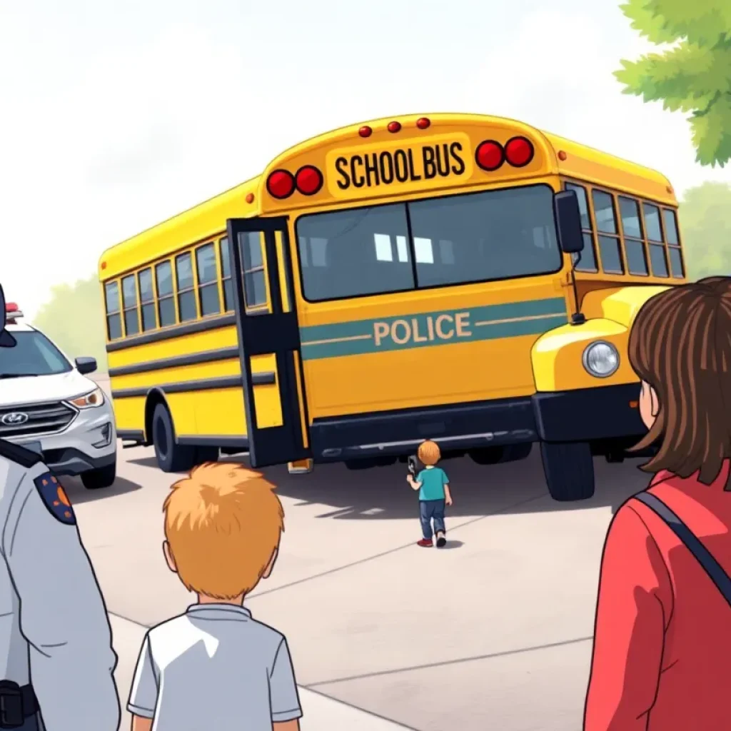 Police vehicles surrounding a school bus during an incident