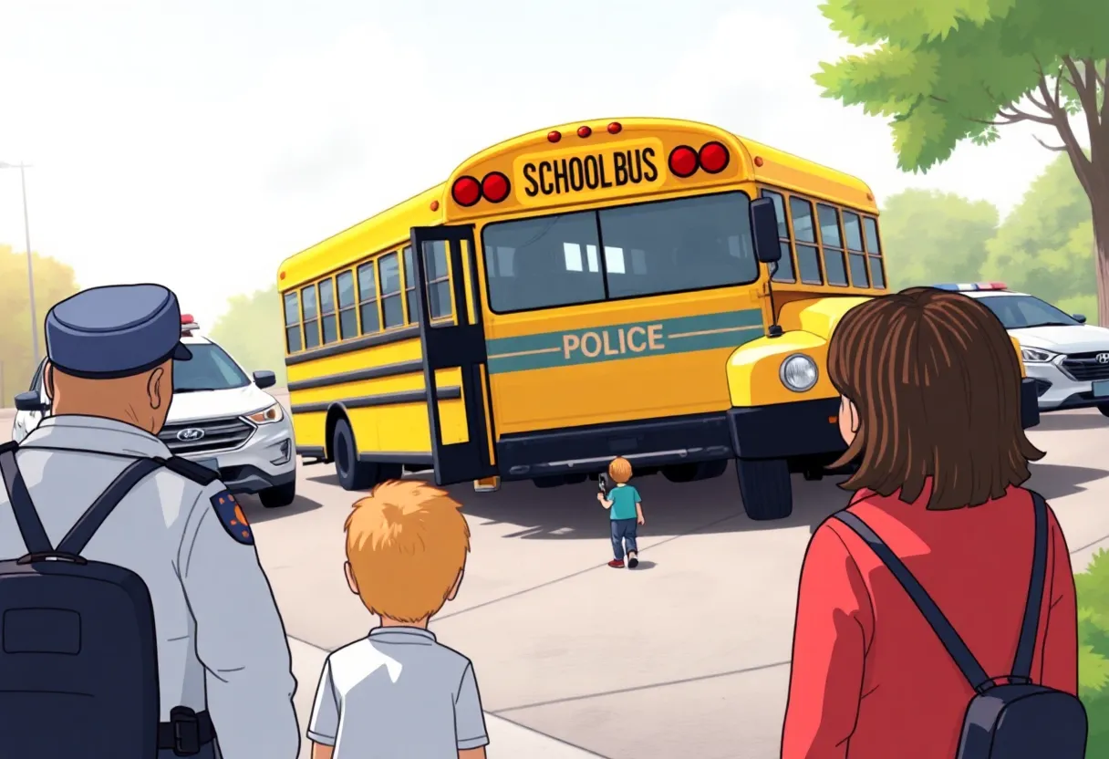 Police vehicles surrounding a school bus during an incident