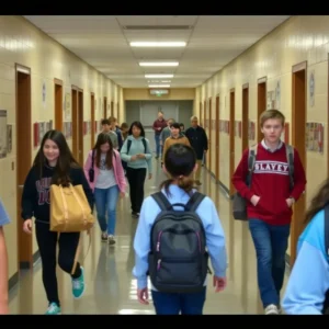 Students in a school hallway transitioning between classes