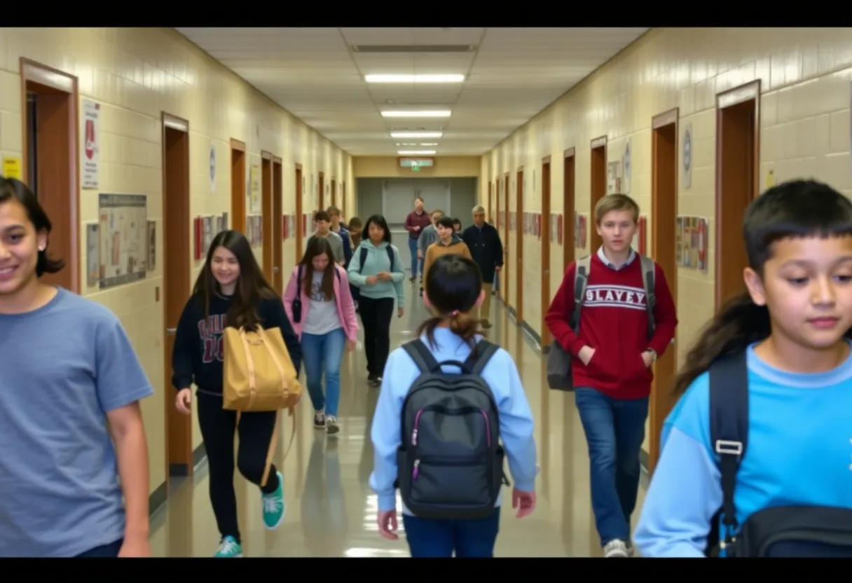 Students in a school hallway transitioning between classes