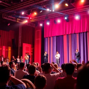 Sketch comedy stage with colorful lights
