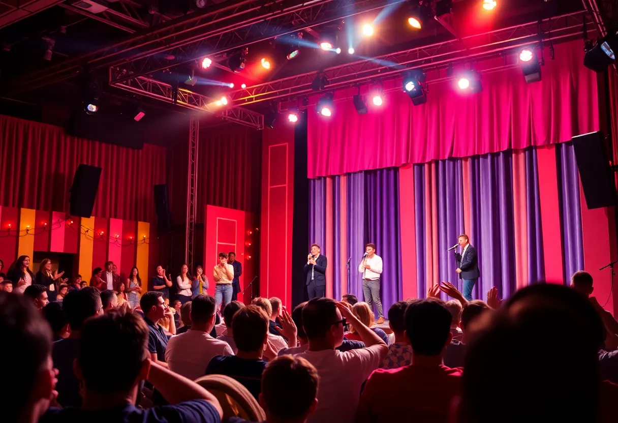 Sketch comedy stage with colorful lights