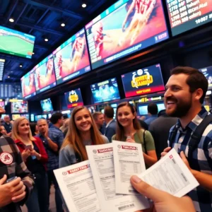 A vibrant sports betting environment in Georgia, filled with fans and screens.