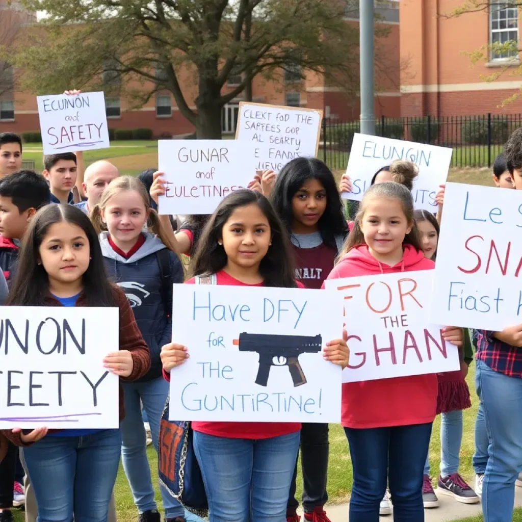 Students protesting for school safety with signs at Tiedemann Park