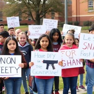 Students protesting for school safety with signs at Tiedemann Park
