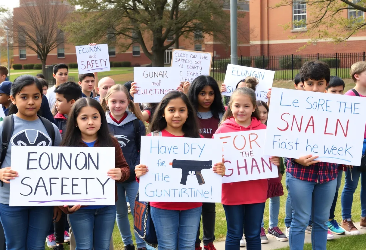 Students protesting for school safety with signs at Tiedemann Park