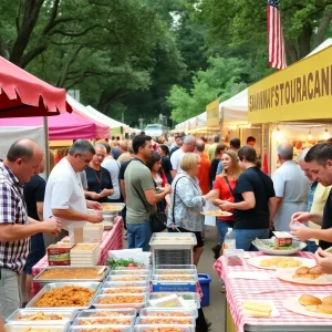 A bustling scene of the Taste of 912 event with local food vendors and attendees enjoying culinary delights