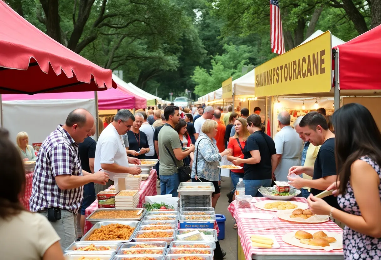 A bustling scene of the Taste of 912 event with local food vendors and attendees enjoying culinary delights