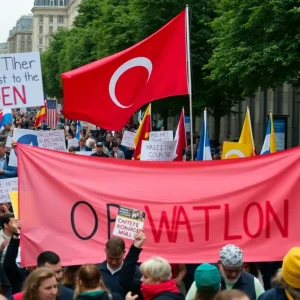 Demonstrators holding signs during a protest in Tbilisi
