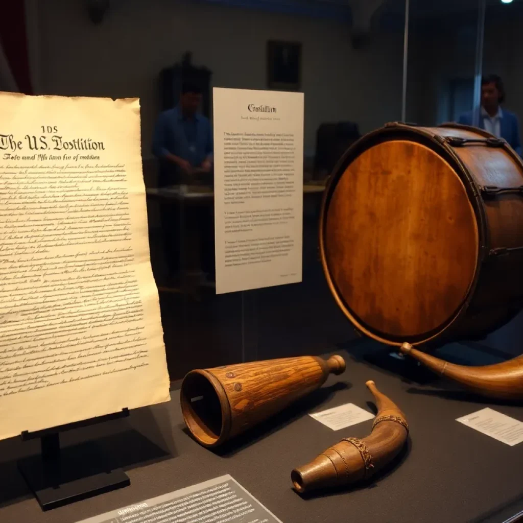 Display of the U.S. Constitution draft with historical artifacts.