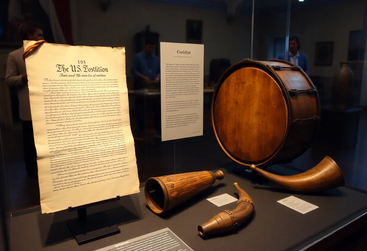 Display of the U.S. Constitution draft with historical artifacts.
