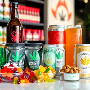 Display of Wana Brands delta-9 THC gummies and beverages in a retail environment.