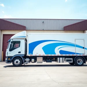 Moving truck of Wirks Moving and Storage outside their warehouse facility.