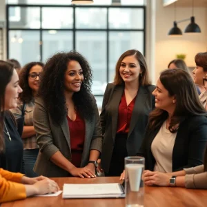 Women entrepreneurs networking in a coworking space