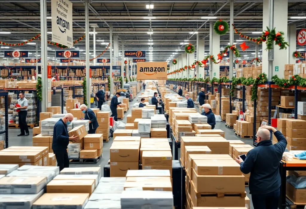 Amazon fulfillment center with seasonal workers during holidays