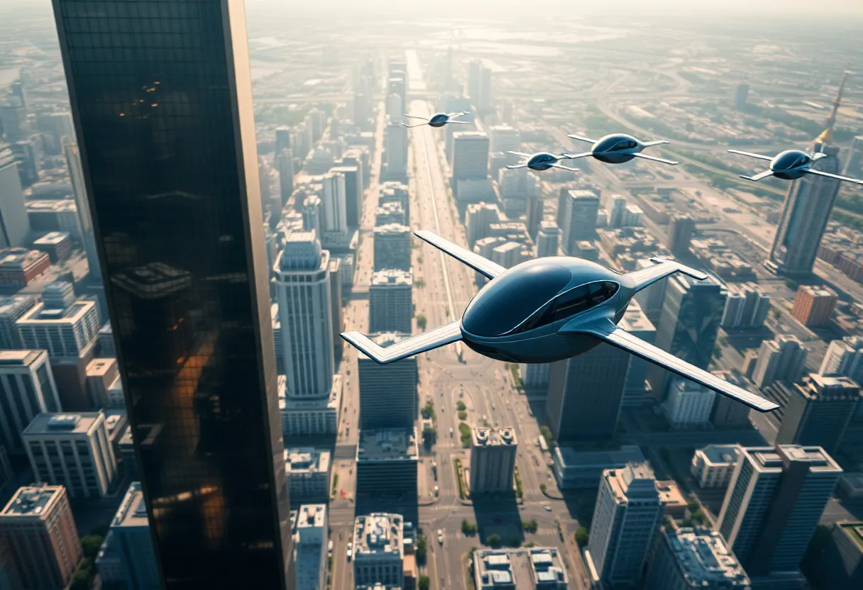 Futuristic autonomous air taxis flying over a modern city