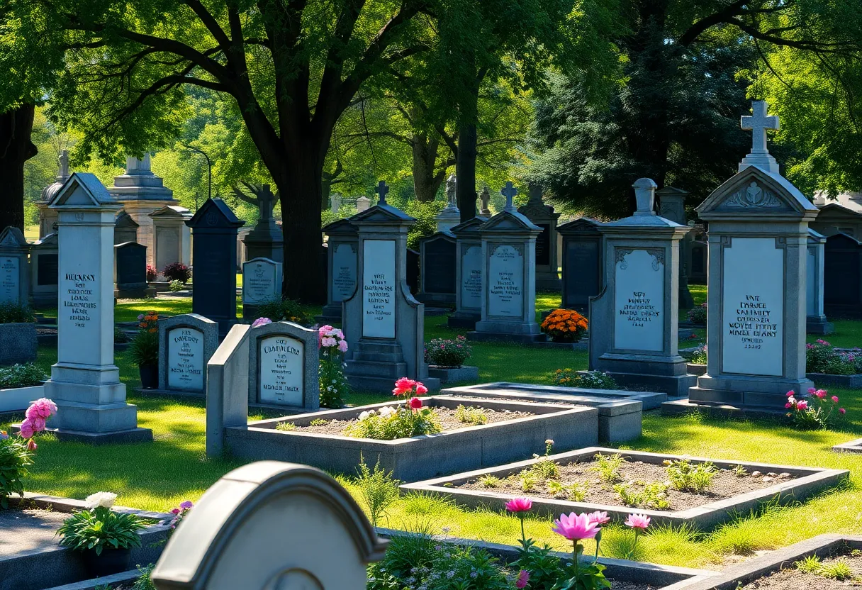Historic headstones in Bonaventure Cemetery with flowers