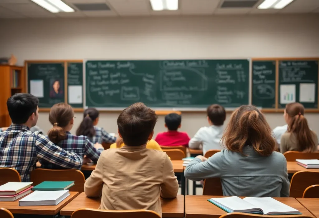 Savannah GA Local News & Community Insights | HERE Savannah A classroom with desks and a chalkboard showcasing an educational atmosphere.