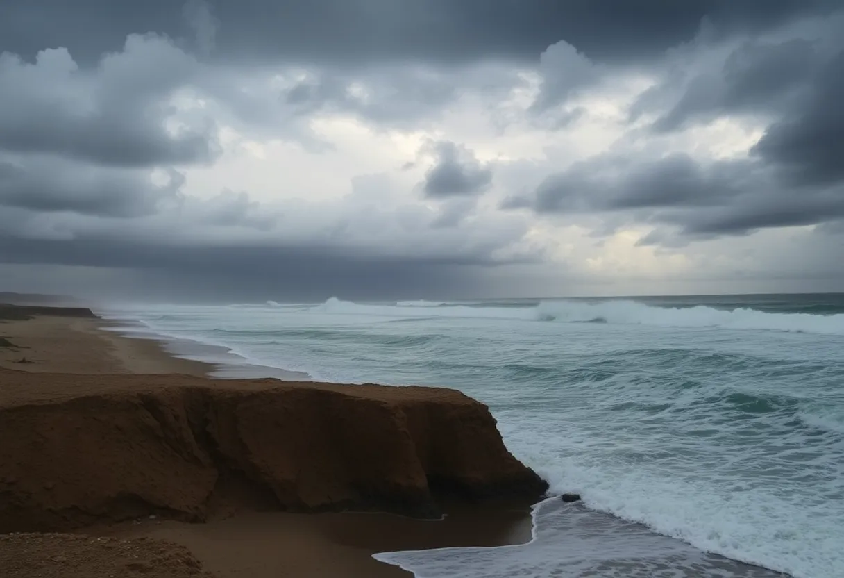 High waves crashing on the beach as a coastal storm approaches