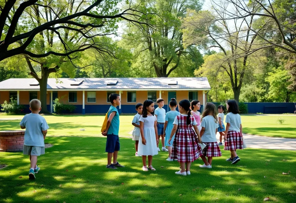 Children in a peaceful school environment reflecting community support.