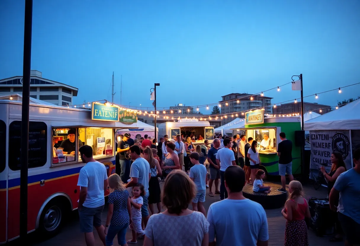 Families enjoying a concert at Eastern Wharf with food trucks in the background.