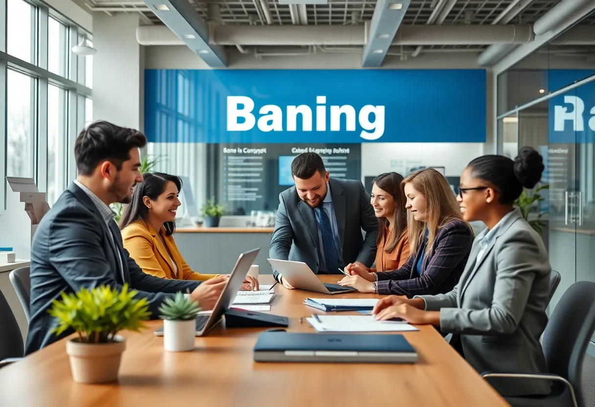 Professionals collaborating in a banking office environment.
