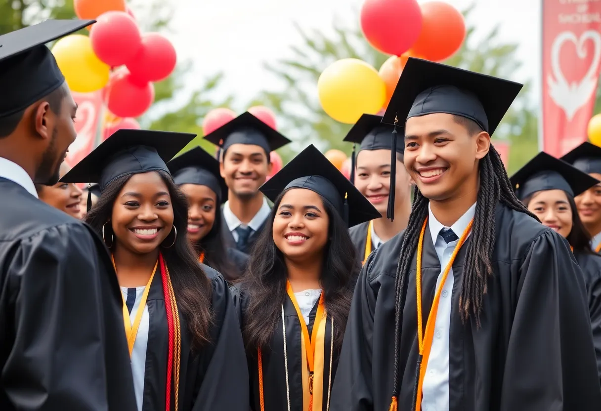 A group of diverse high school graduates celebrating outdoors.