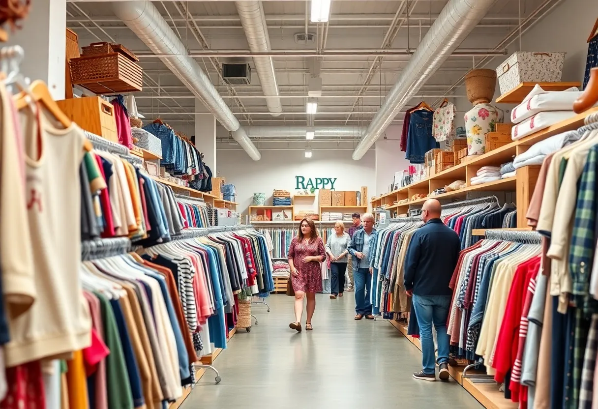 Interior of the new Goodwill store in Savannah featuring racks of clothing and shoppers.