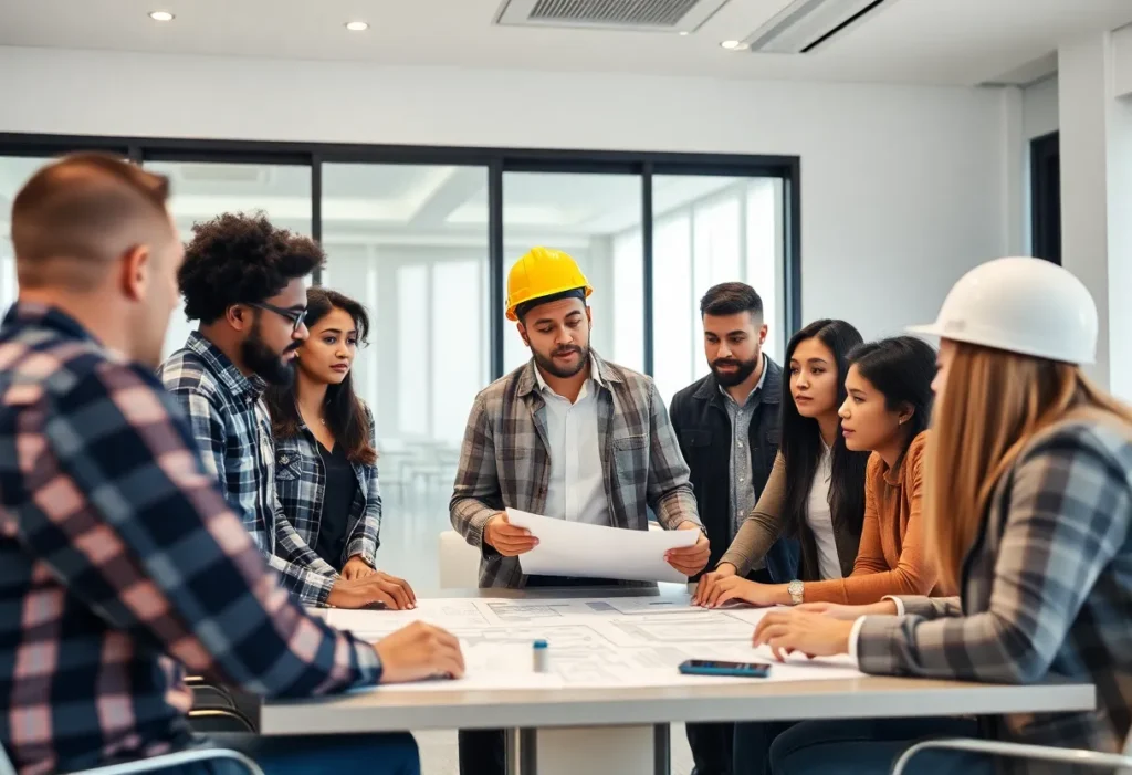 Diverse professionals in a meeting discussing home building strategies