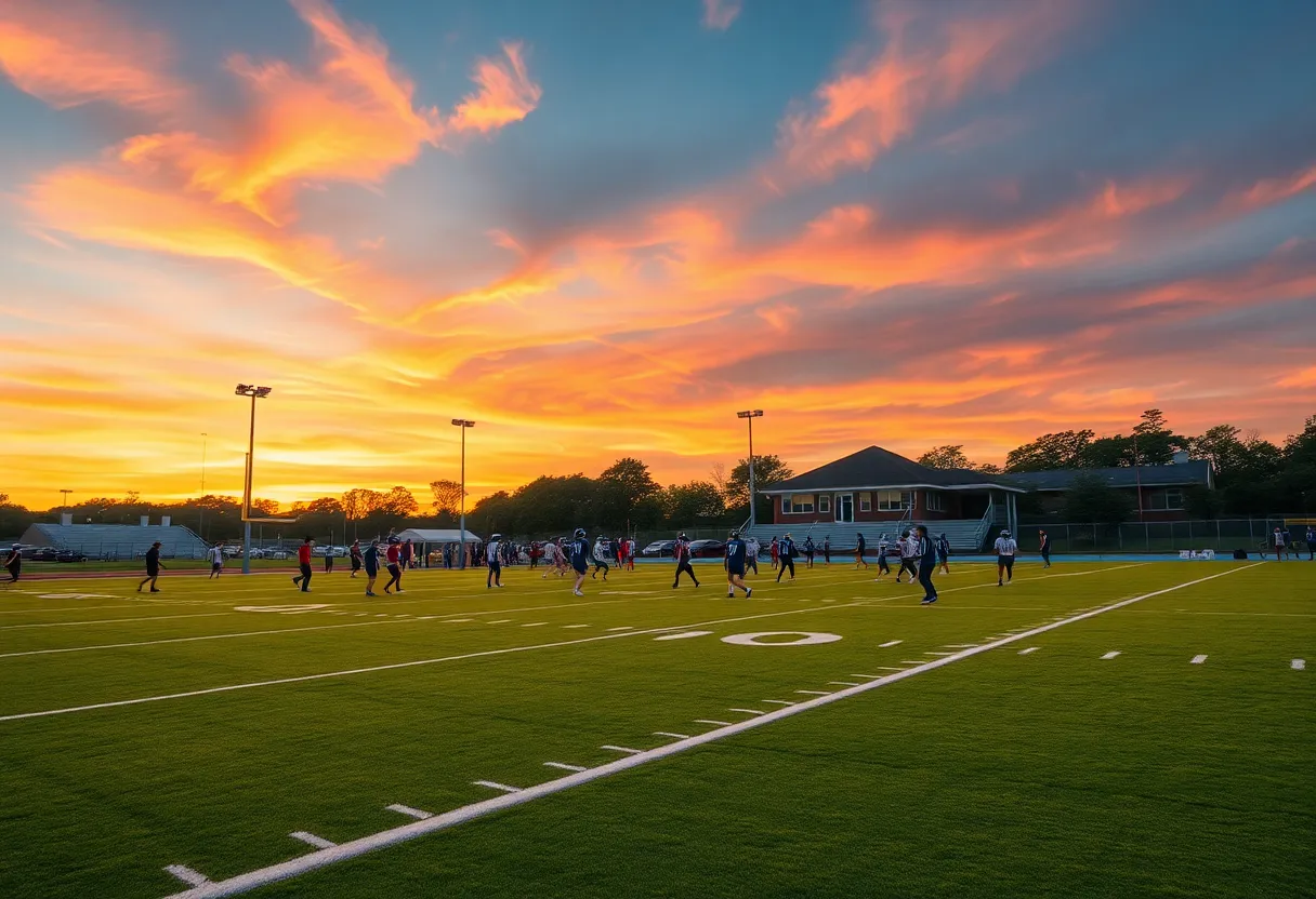 Students practicing football on a high school field during sunset.