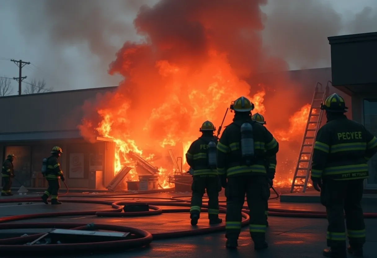 Firefighters putting out flames at a retail store.