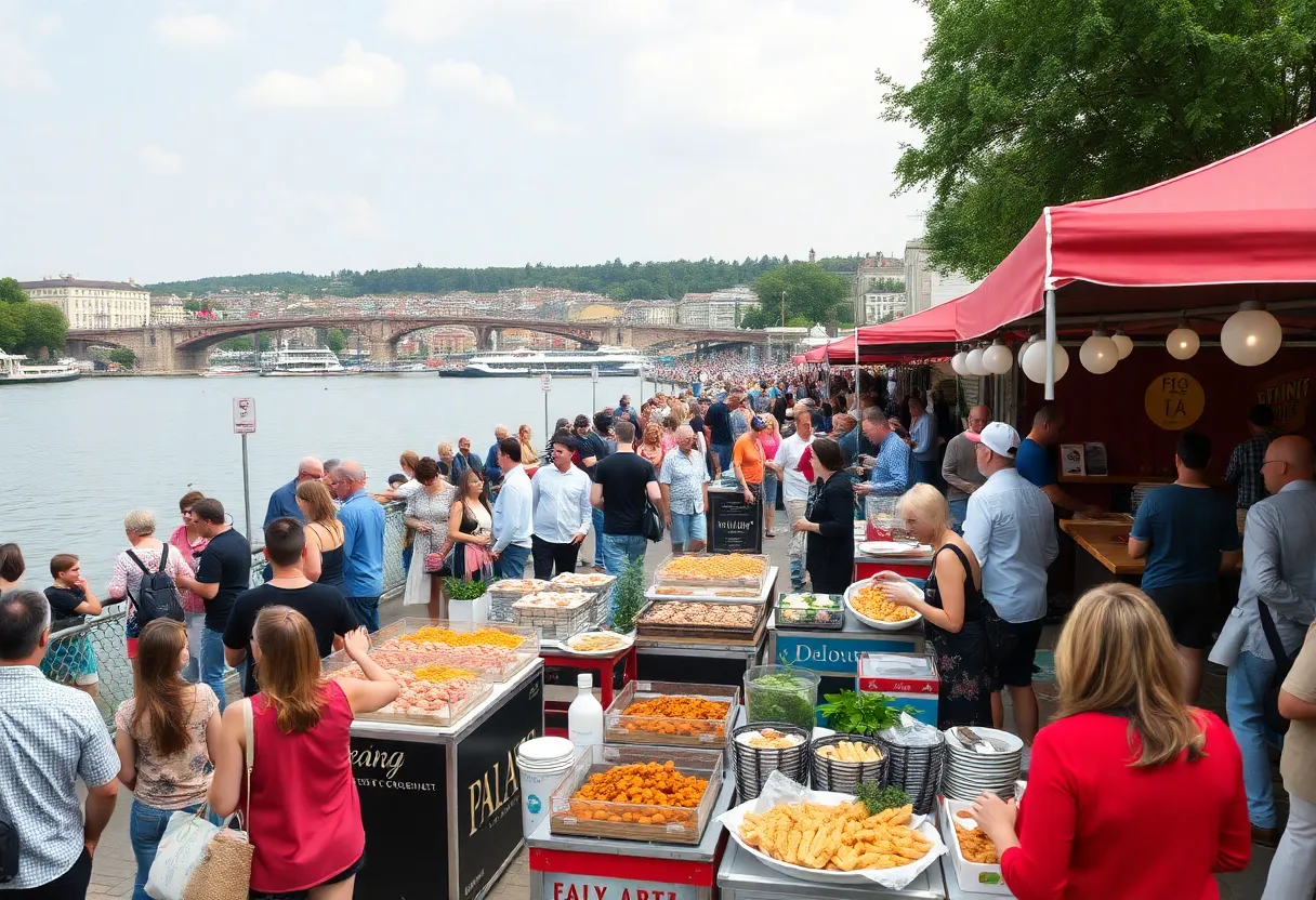 A picturesque view of the Hostess City Food and Wine Fest with various food stalls and attendees enjoying the event.