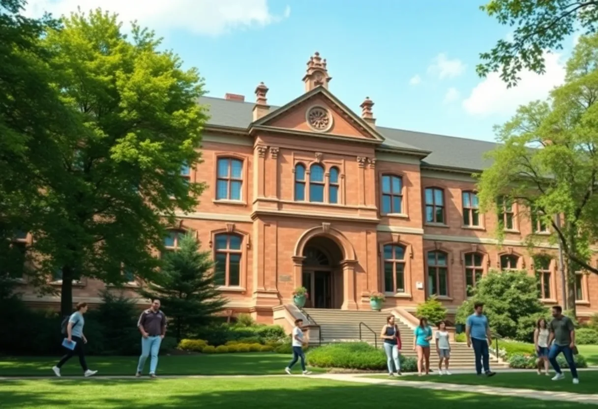 A scenic view of Ralston College campus showing students and the historic building.