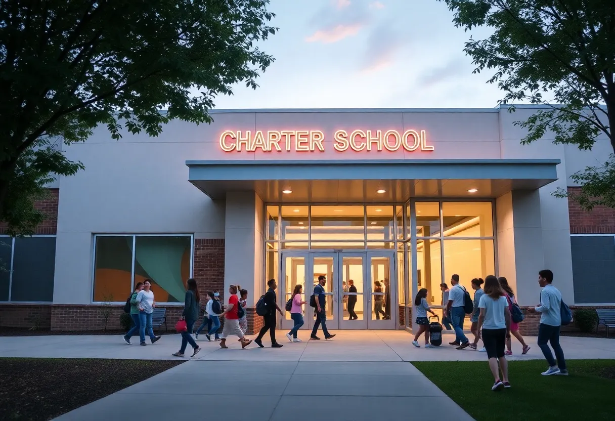 Exterior view of REACH Charter School with students outside
