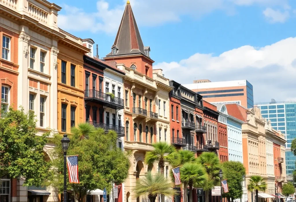 Cityscape of Savannah with historic buildings and art institutions