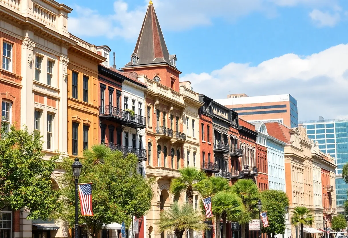 Cityscape of Savannah with historic buildings and art institutions
