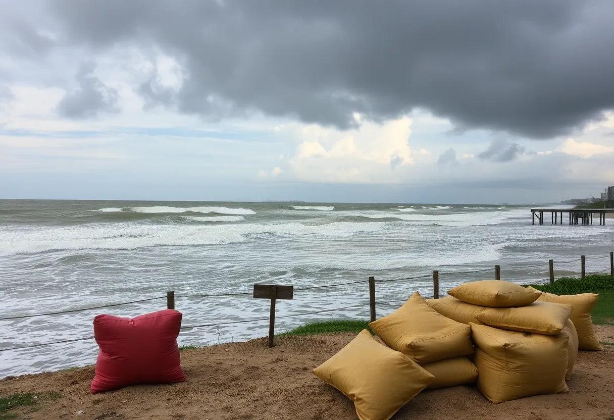 Coastline in Savannah during a storm with high waves and sandbags in place.