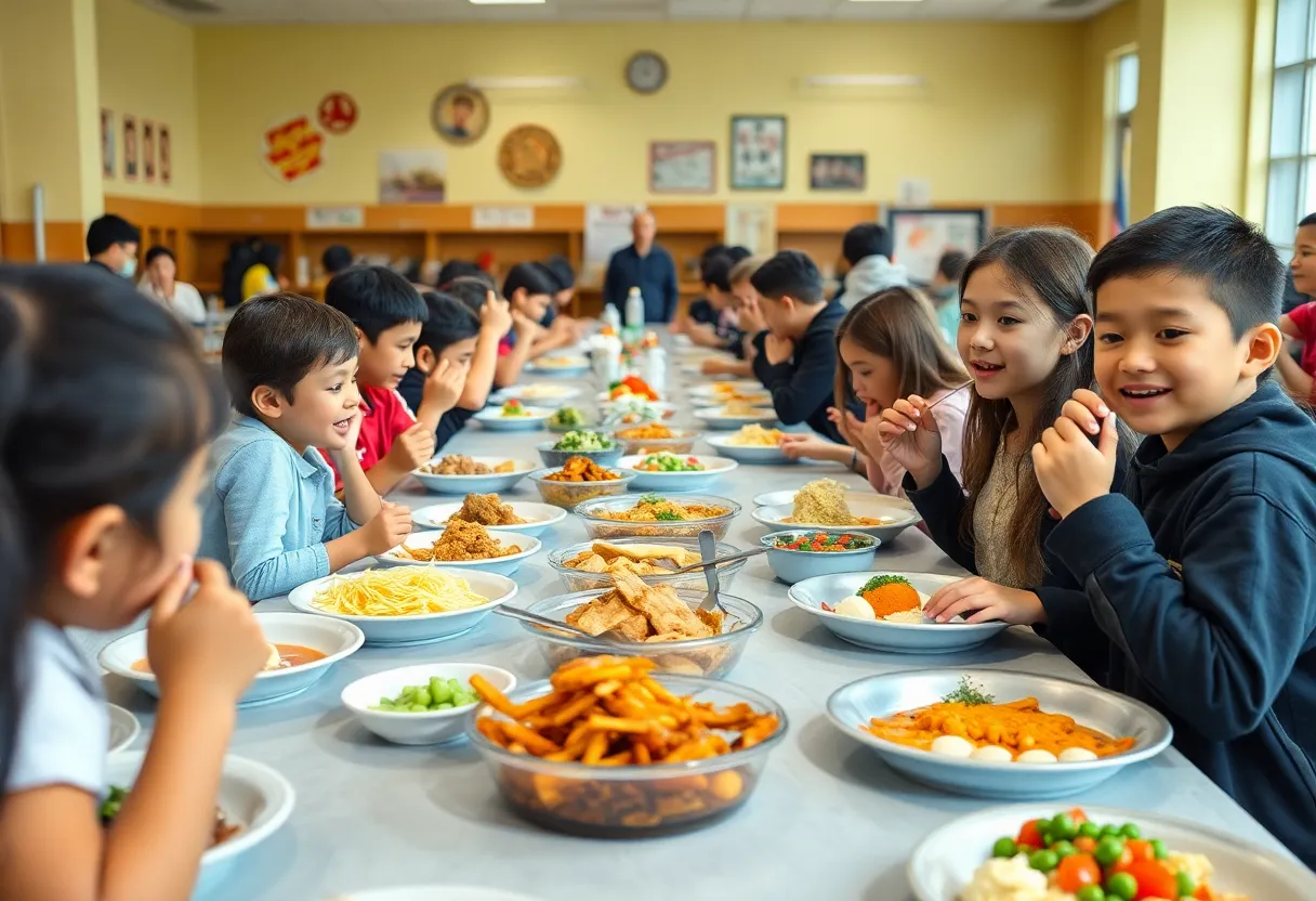 Students enjoying various international dishes in a school cafeteria.