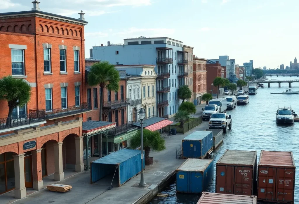 Scenic view of Savannah riverfront with empty storefronts