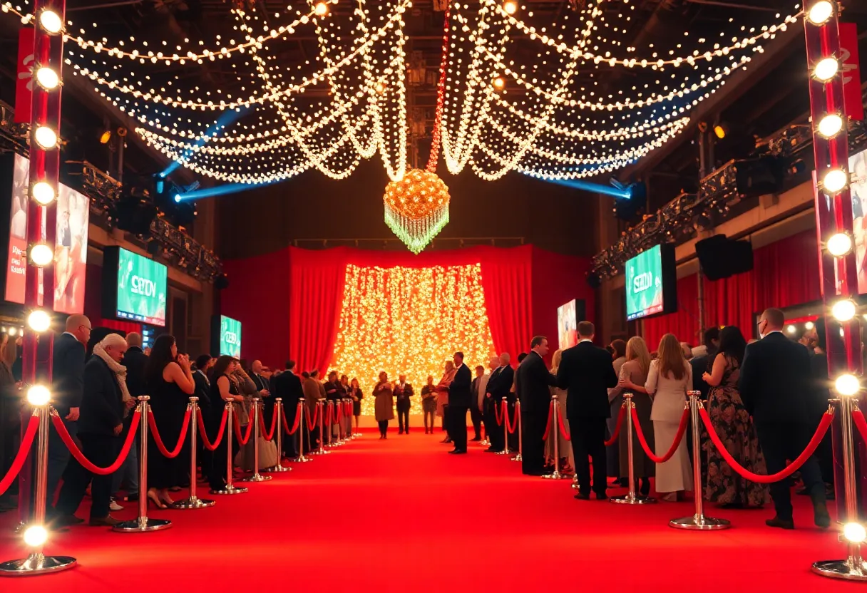 A bustling film festival event atmosphere with guests on a red carpet.