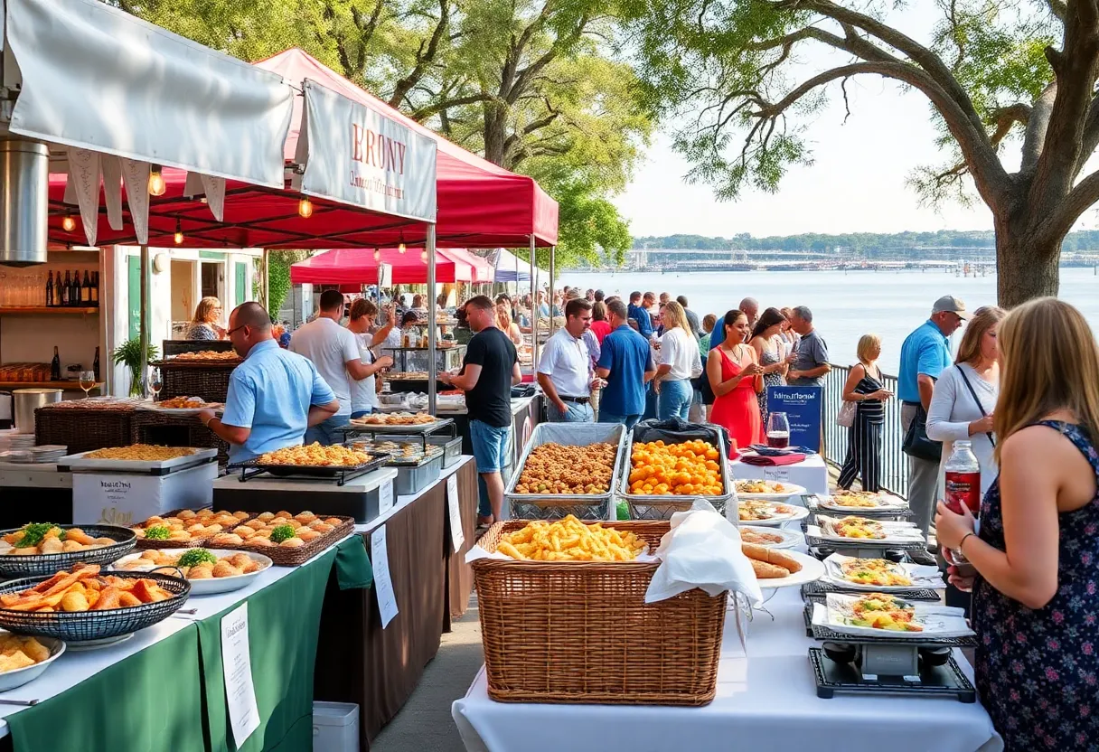 Outdoor scene of the Hostess City Food and Wine Fest with food vendors and attendees by the Savannah River.