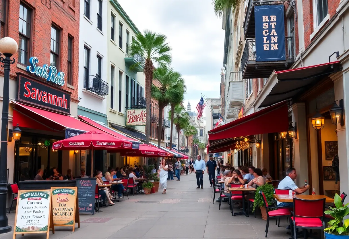 Outdoor dining in Savannah with restaurants and diners.