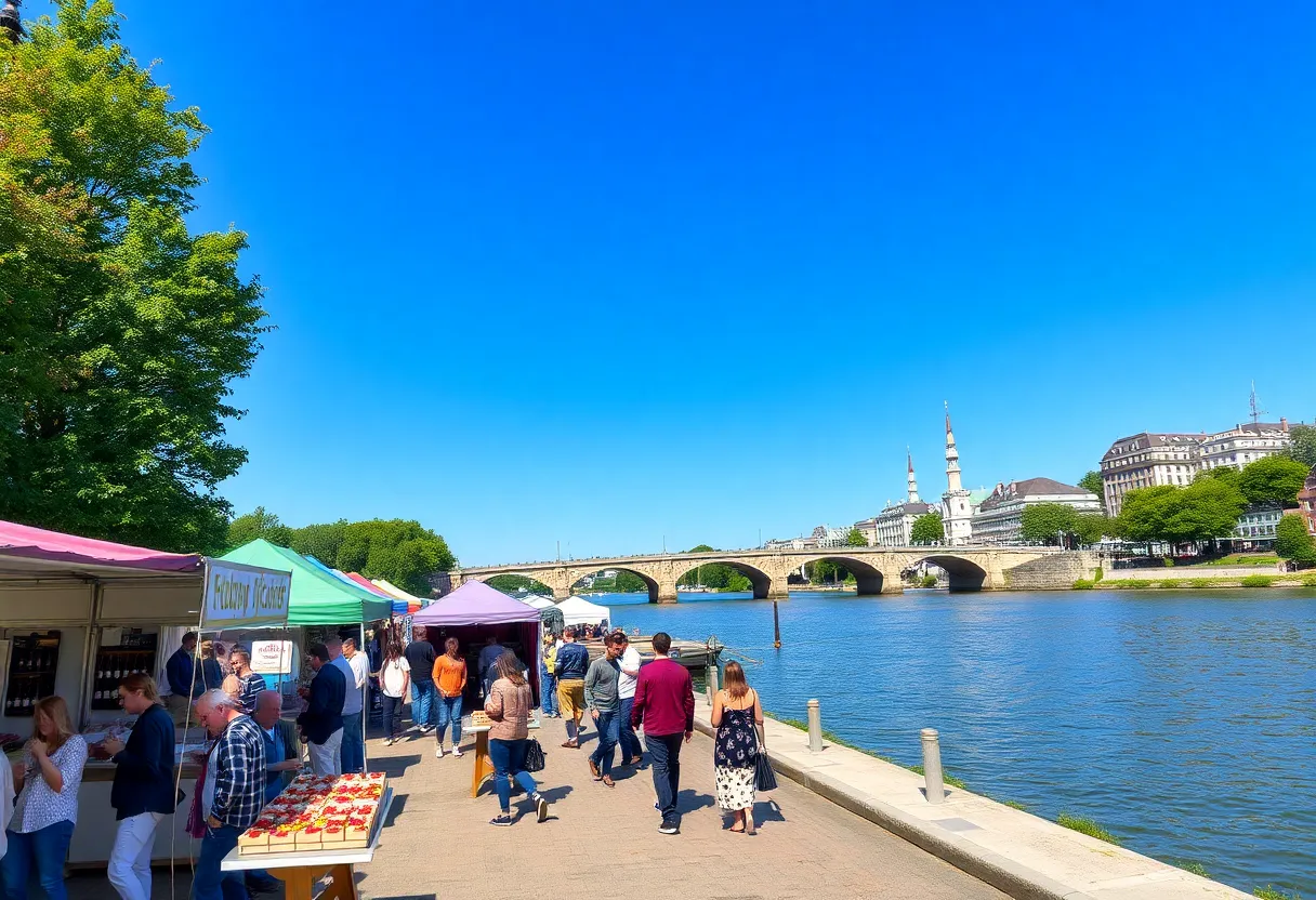 Vibrant scene from the Hostess City Food and Wine Fest in Savannah, showcasing food stalls and people enjoying wine tastings.