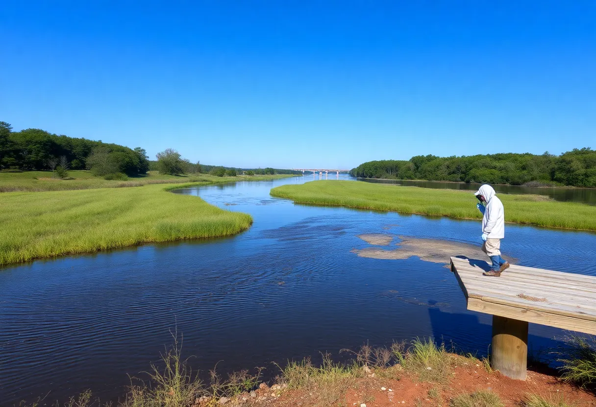 View of the Savannah River with water testing equipment present, representing environmental monitoring.