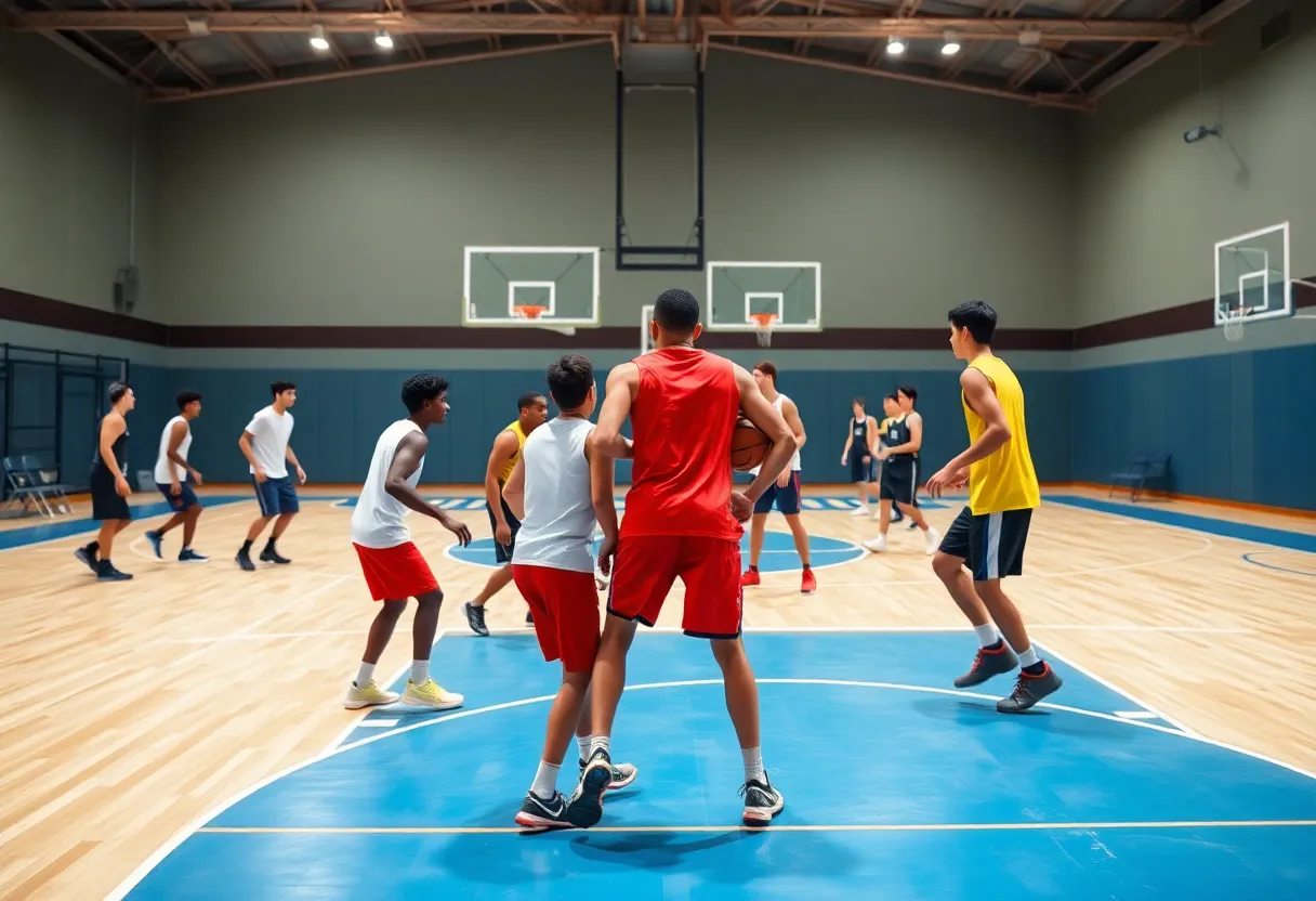 Savannah State basketball players practicing on the court