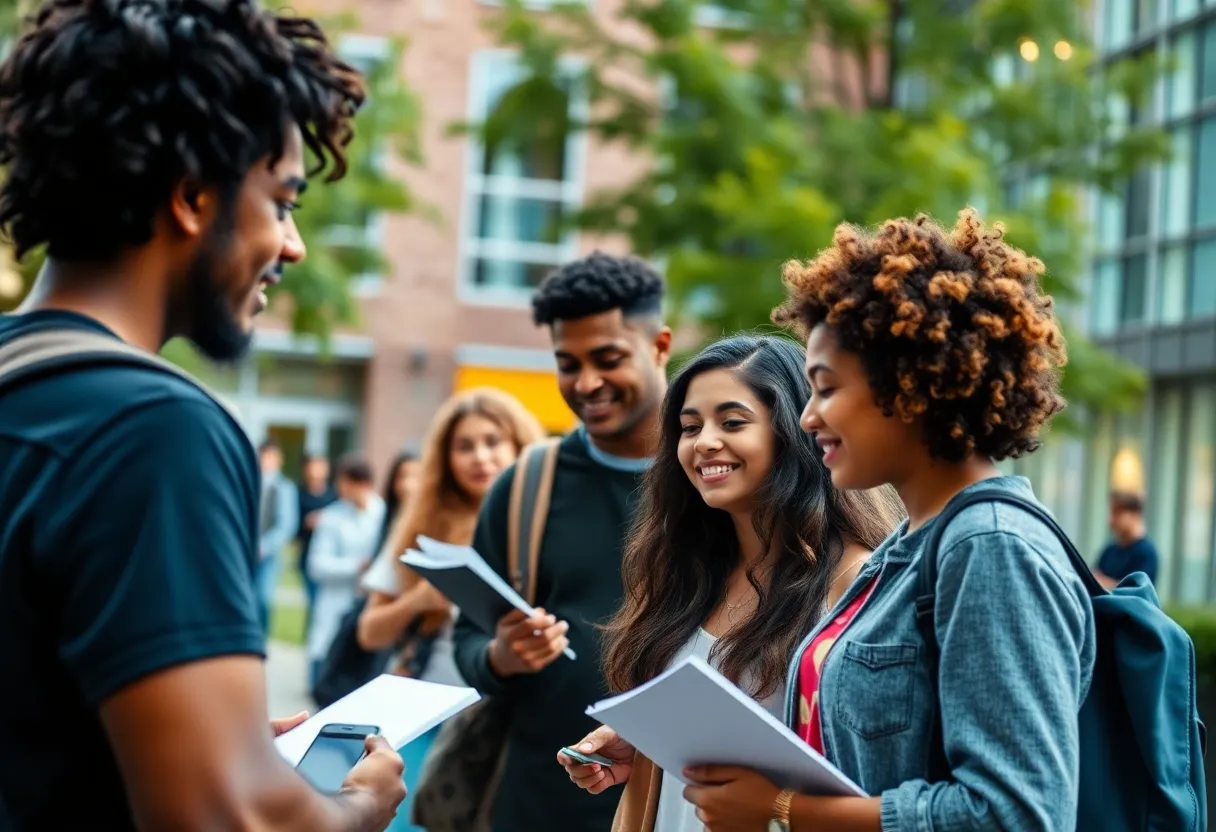 Students collaborating on a university campus