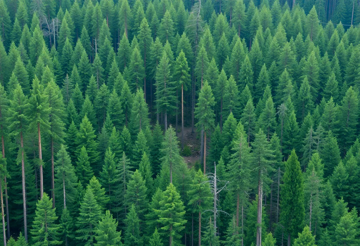 Forest landscape depicting timber industry challenges and conservation efforts