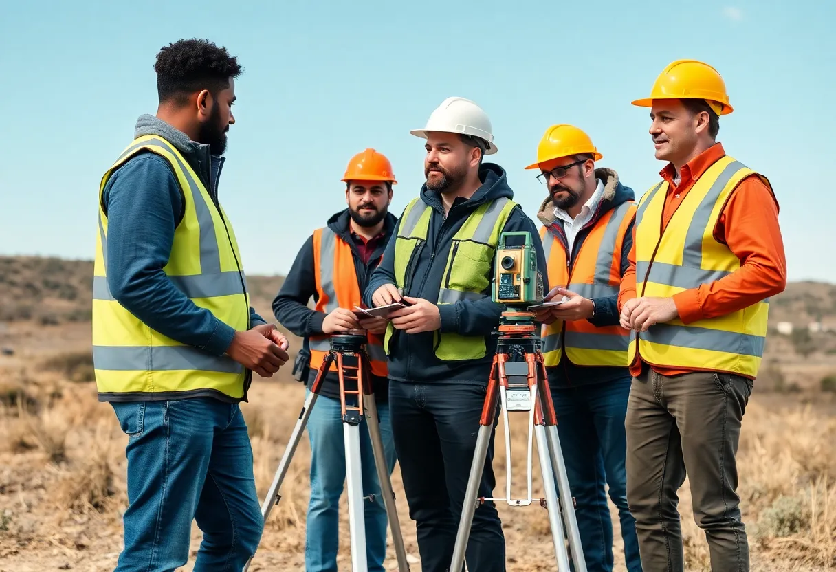 Surveyors collaborating in the field with surveying equipment